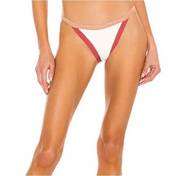 L*SPACE Vacay Ribbed Classic Bikini Bottoms Cream Colorblock Red Tan Size XS New - Picture 1 of 11